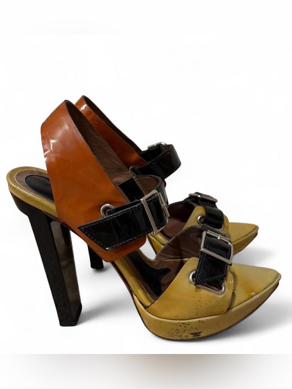 Marni Brown Yellow Ochre Black Patent Leather Platform Heels Buckles Sz 36/US 6 - Picture 3 of 11